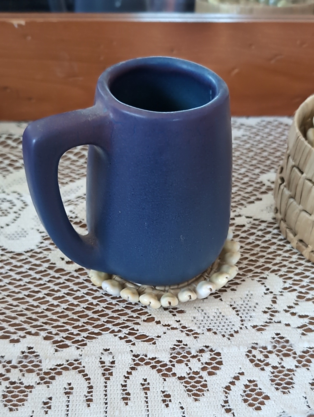 Handcrafted Coastal Seagrass Basket & Cowrie Shell Coaster Set Boho Beachy Decor - Picture 4 of 11